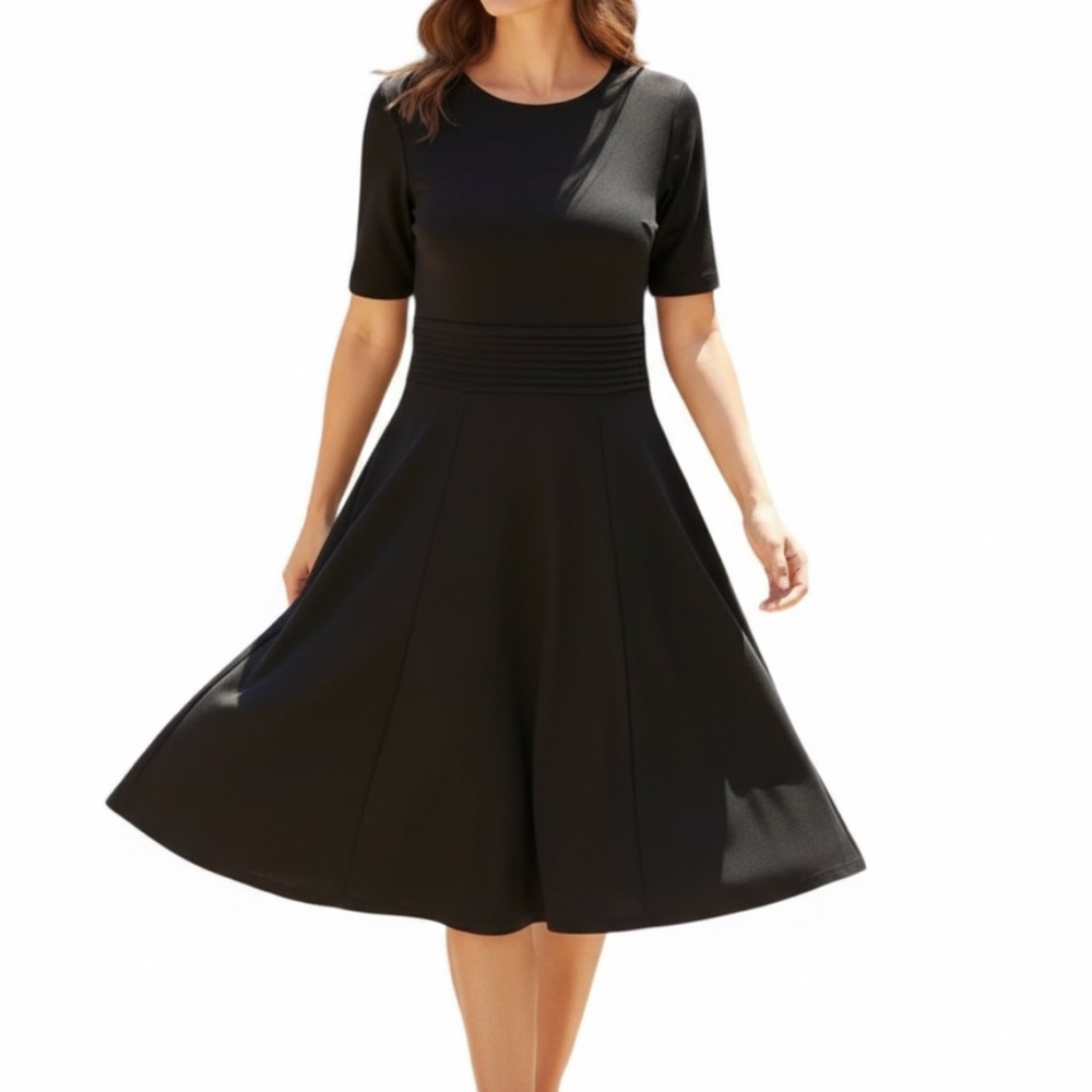 New $148 Vince Camuto Black Stretch Short Sleeve Fit & Flare LBD Dress Medium 12
